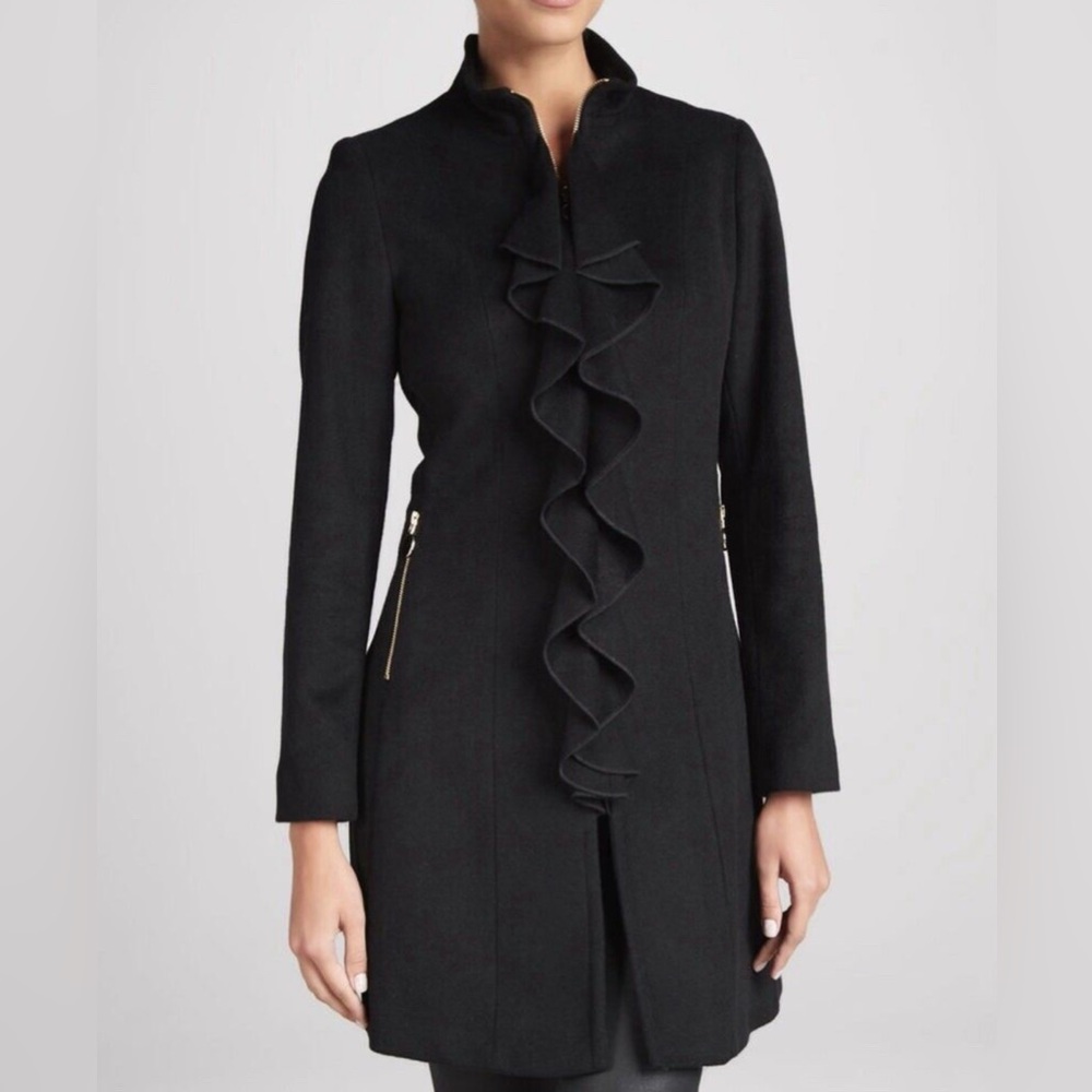 Tahari Wool Blend Black Full Length Front Zipper Ruffled Coat Jacket